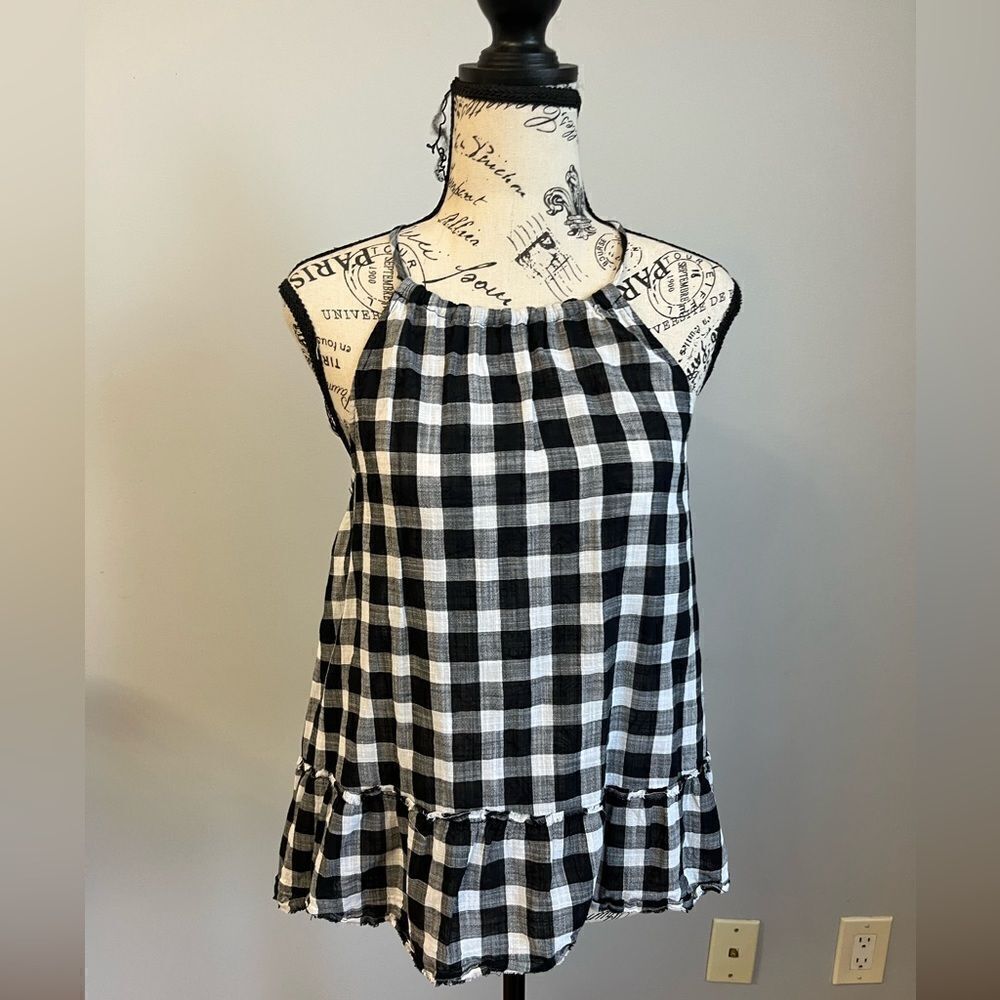 Anthropologie Cloth & Stone Black and White Gingham Peplum Halter Tank